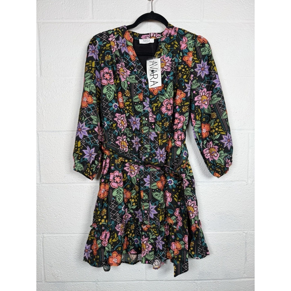 AVARA Elena Floral Mini Dress Large NWT Boho Puff Sleeve Belted Lined
